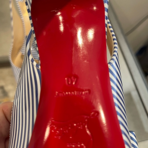 Christian Louboutin Blue White Clare Nodo Striped Side Bow Slingback Heels Pumps - Picture 5 of 6